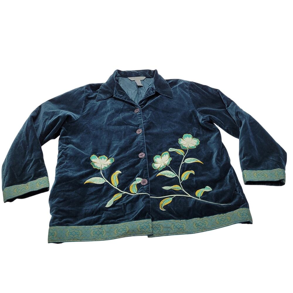 Vintage blue green velvet blazer jacket floral embroidered retro wearable art